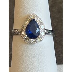 925 Sterling Silver Pear Cut Blue‎ Sapphire CZ Halo Ring Size 7 Cocktail Jewelry